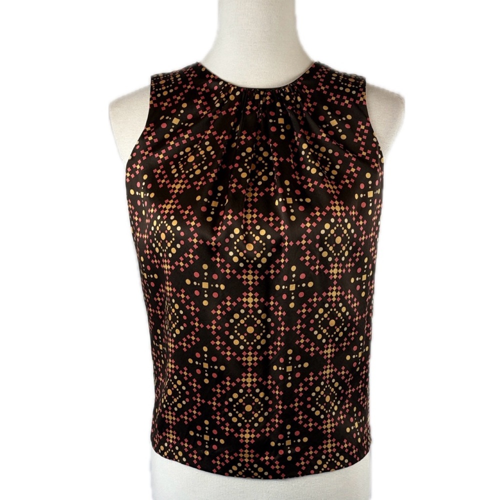 Tory Burch Geometric Brown Print Sleeveless Blouse Top Sz 2 Silky Preppy Luxury